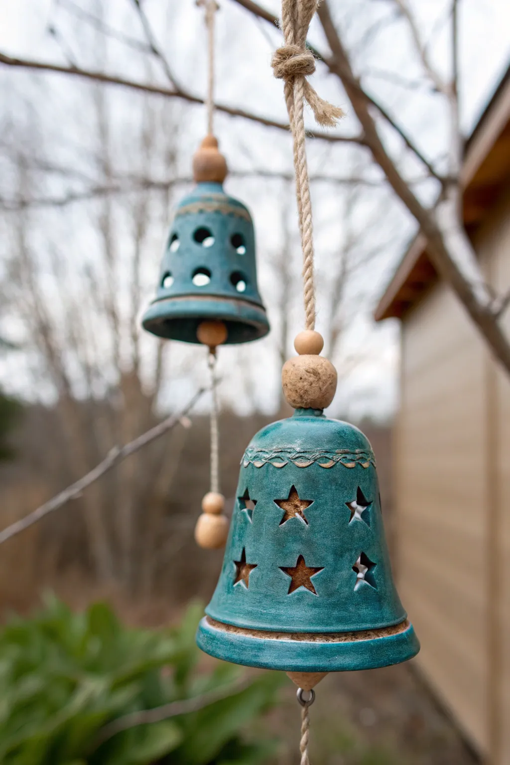 Simple pinch pot bell wind chime with cutout shapes, bold glaze, easy middle school craft.