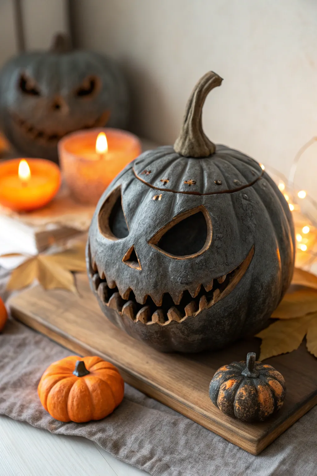 Spooky carved clay pumpkin with raised teeth in bold charcoal, minimalist Halloween decor.