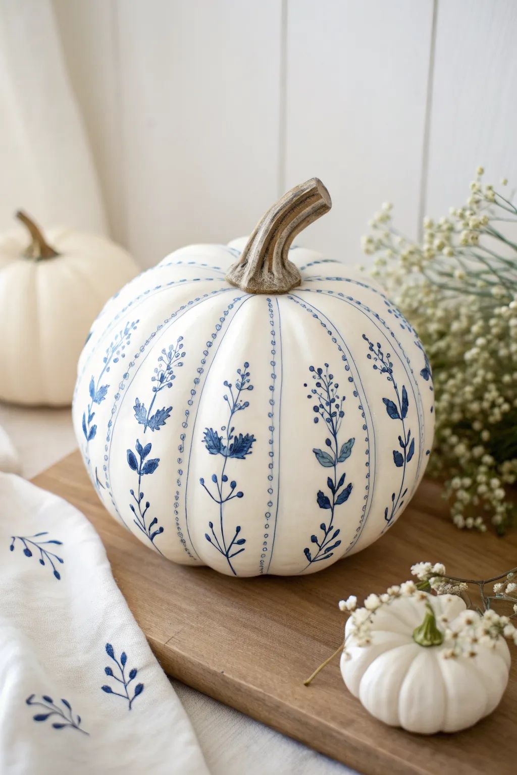 Porcelain-style cobalt florals on a matte white pumpkin for a chic minimalist fall look.