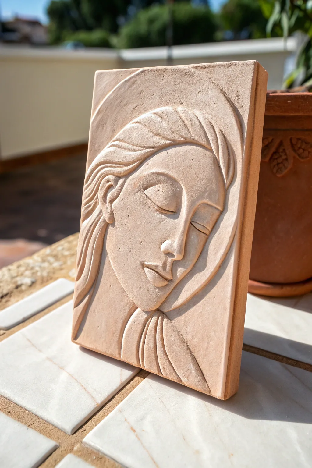 Minimal low-relief clay face tile with raised lips and nose, calm Scandinavian boho vibe.