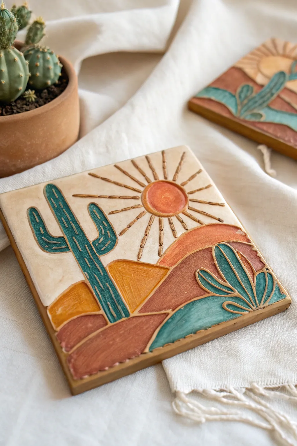 Desert vibes in clay: simple raised cacti and a carved sun for a bold sunset relief tile.