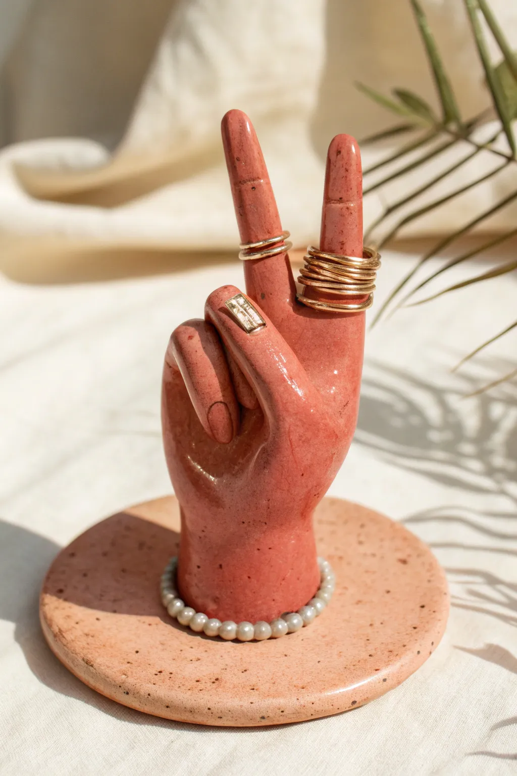Hand-shaped clay ring holder with stacked rings, minimalist boho style for a chic vanity.