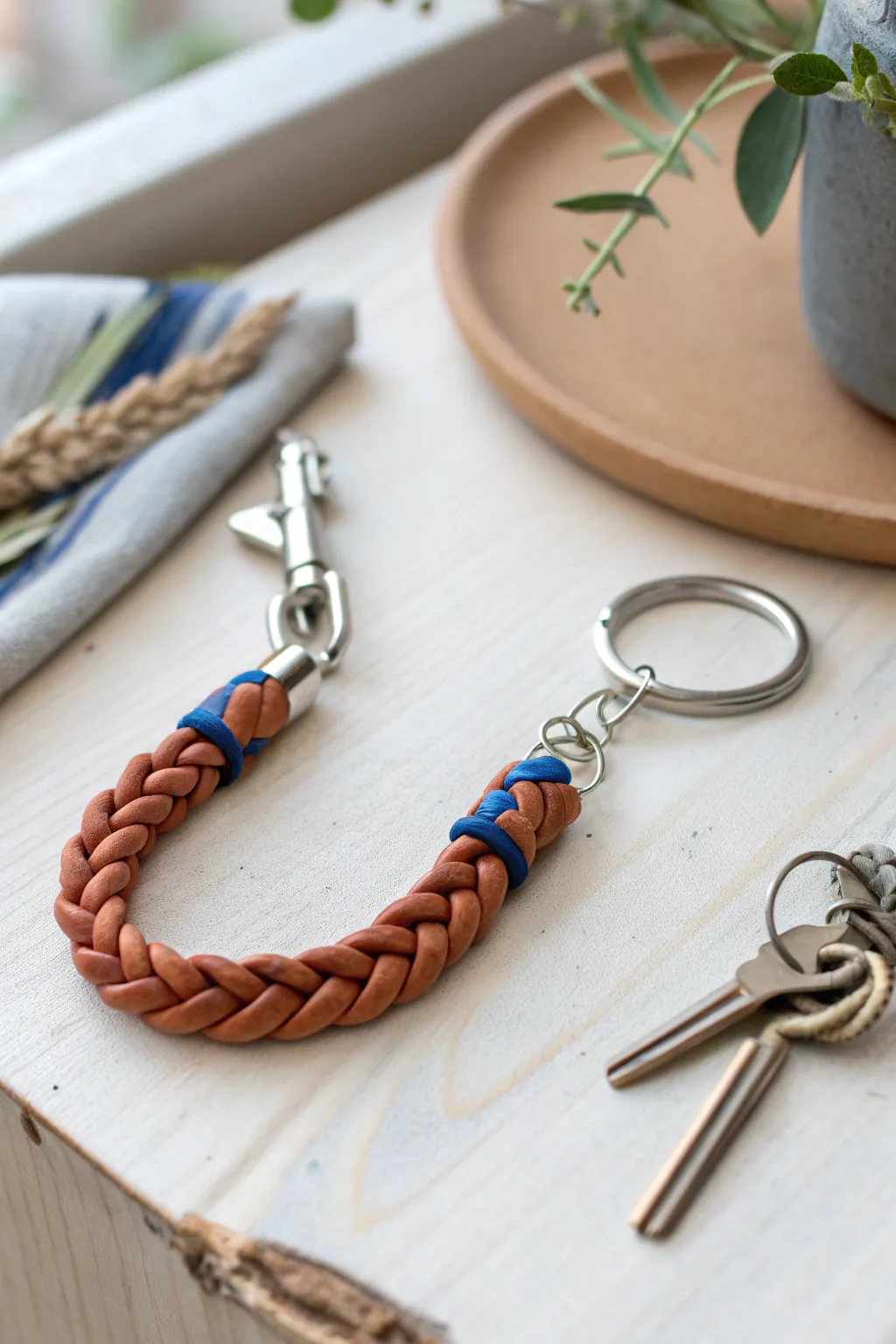 Chunky braided clay keychain charm in bold terracotta and cobalt, simple, handmade, gift-ready.