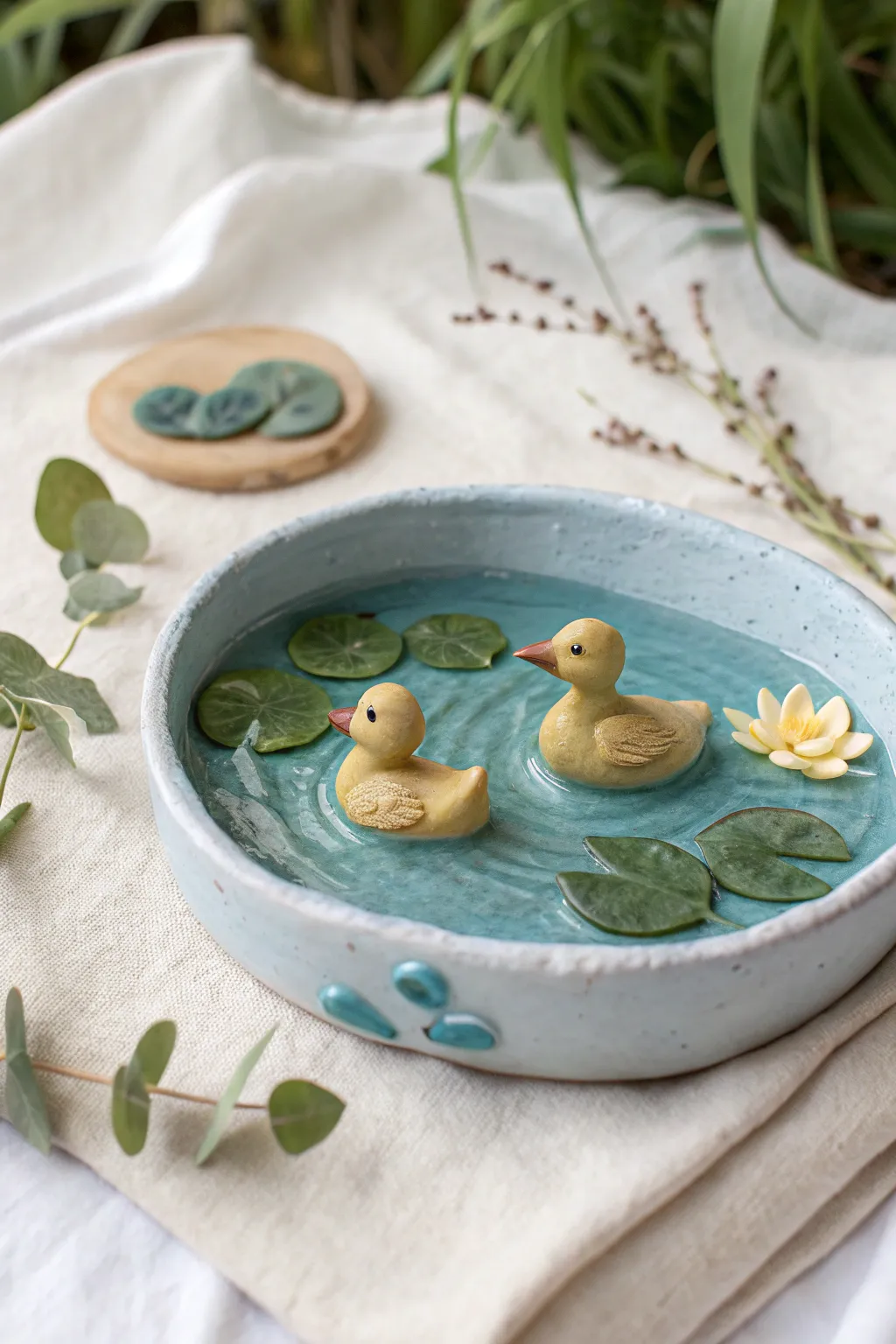 Tiny duck pond diorama in calming blues and greens, minimalist clay charm for your shelf.