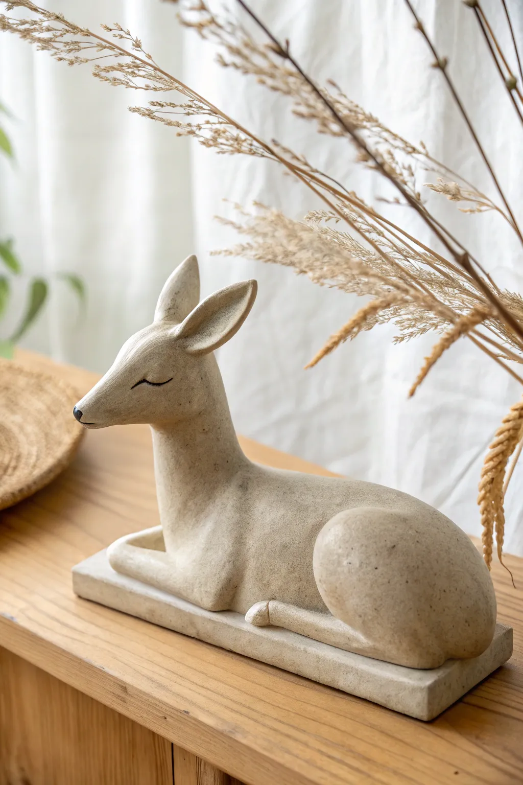 Reclining clay deer sculpture with calm lines, terracotta warmth, and minimalist boho charm