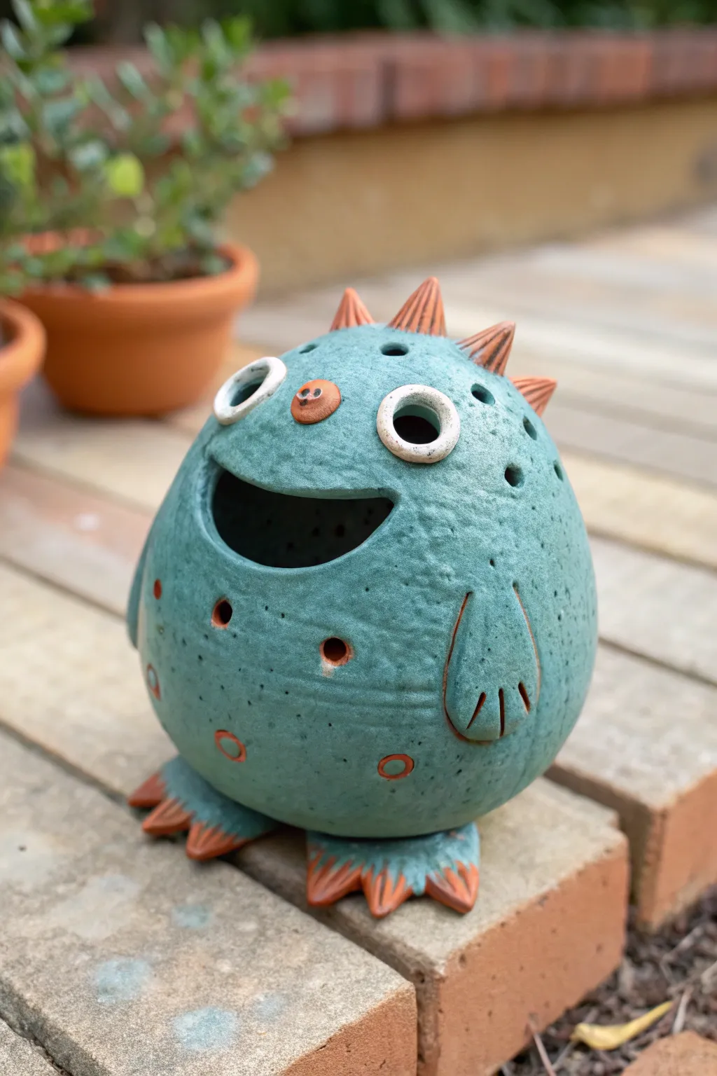 Playful pinch pot whistle creature in bold color, simple details, and a clean minimalist look.