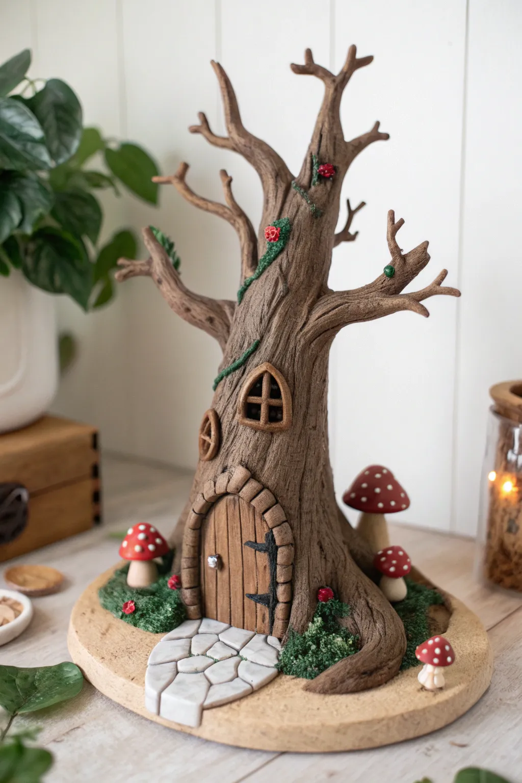 Whimsical clay tree sculpture with hidden mini door and mushrooms, earthy boho minimal charm.