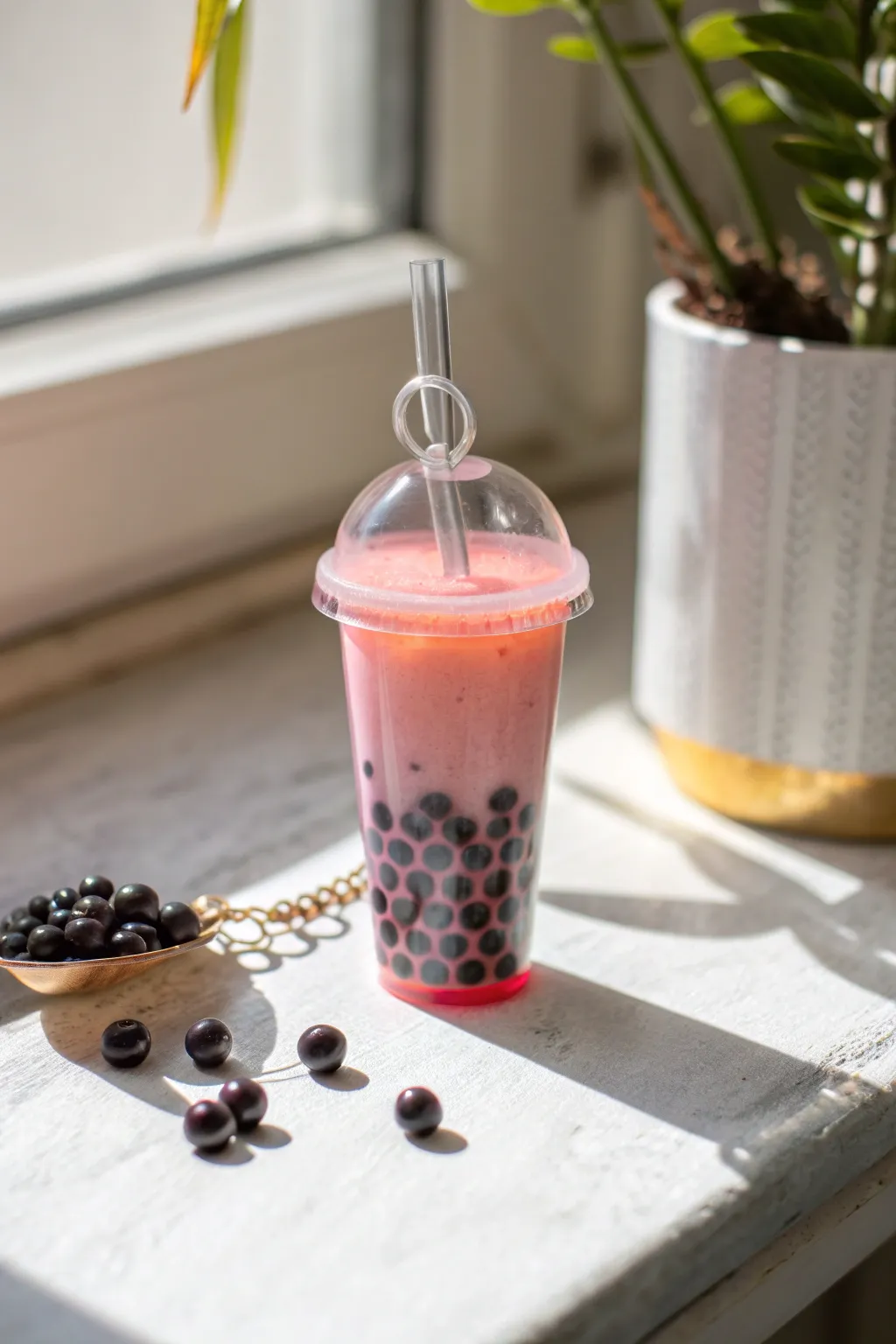 Cute boba cup shaker charm with a clear window and rolling pearls in a modern boho palette