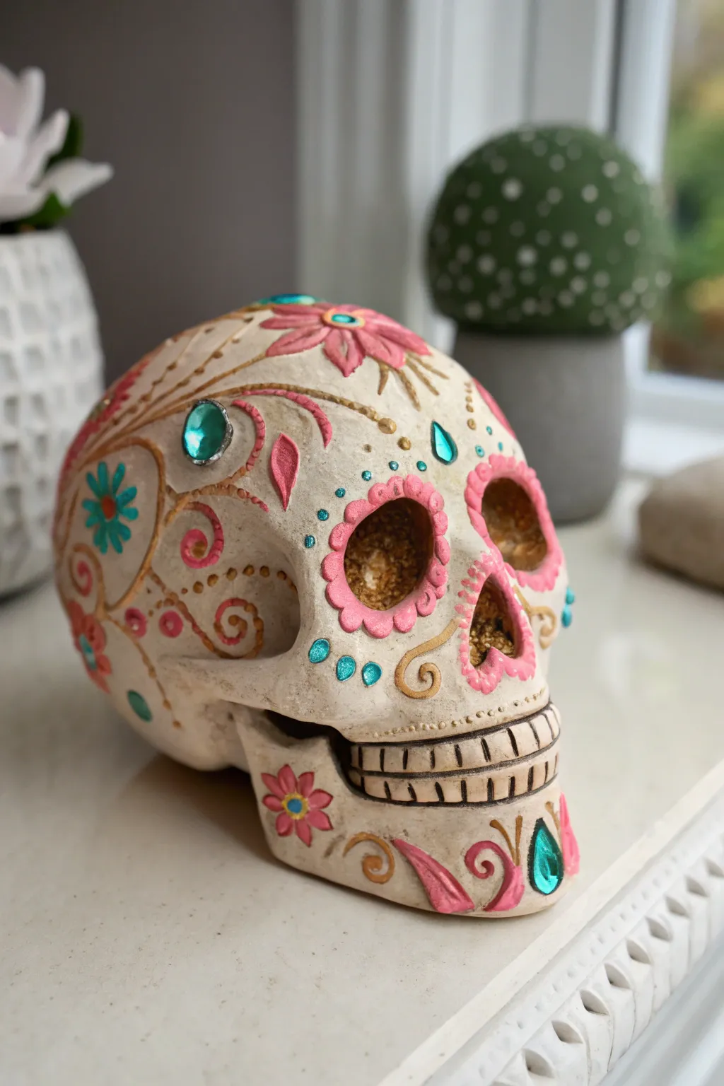 Candy-bright clay sugar skull with simple gem accents and subtle glitter on a clean backdrop.
