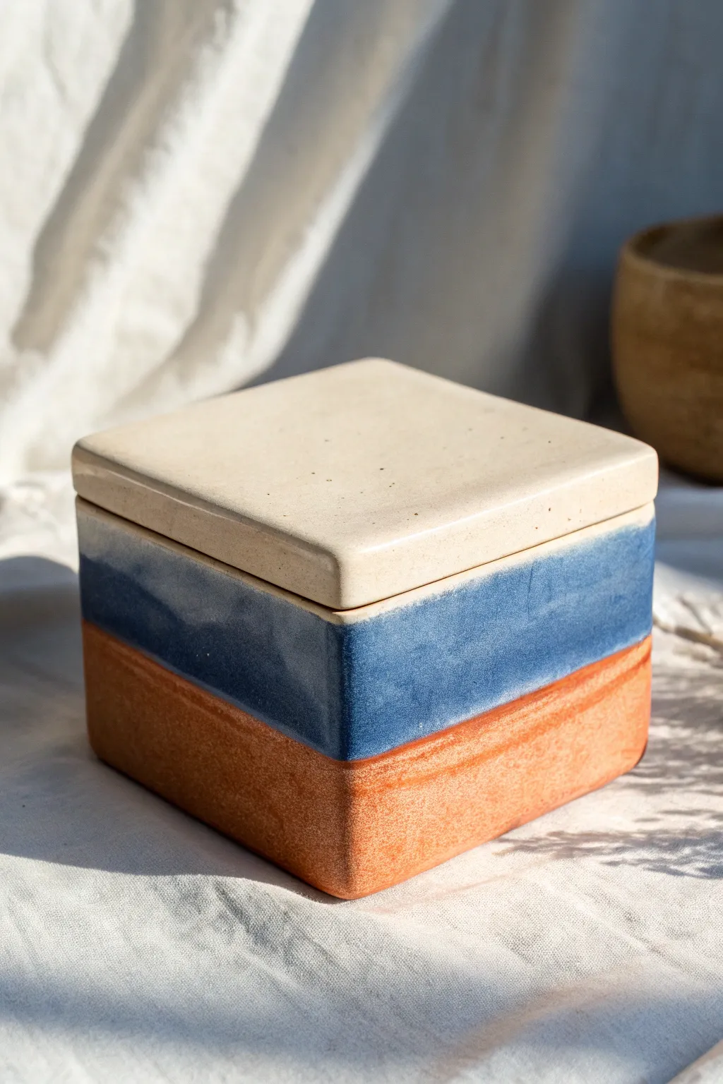 Crisp two-tone slip-dipped slab box with lid, bold color break for minimalist boho style.
