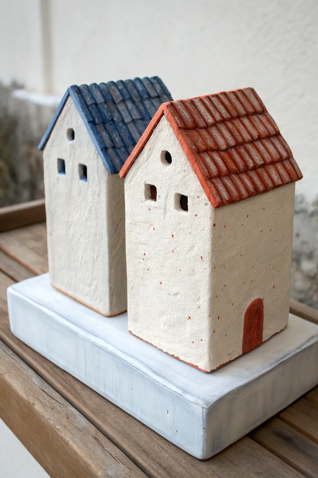 Two slab houses, two roof looks: easy shingles beside simple scored tiles, minimalist charm.