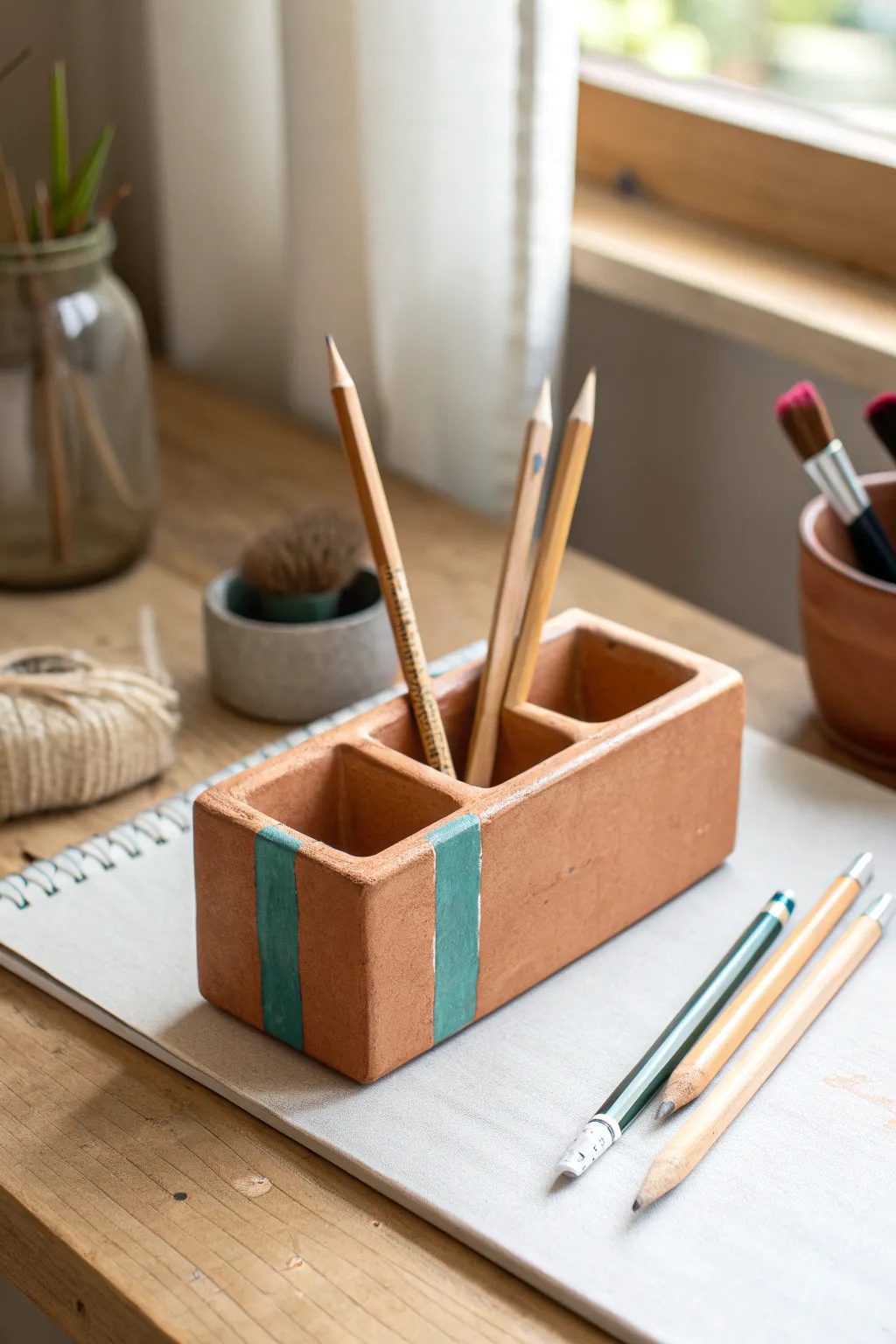 Minimal slab ceramic desk organizer in terracotta and teal for a calm, creative workspace