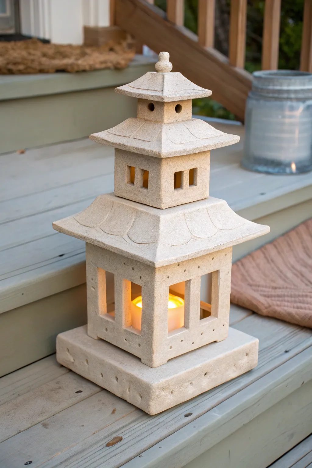 Cozy pagoda-style slab lantern with a warm glow, minimalist lines and natural clay charm
