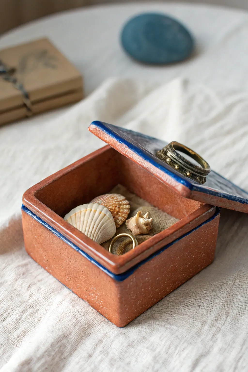 A crisp-edged lidded slab box, slightly open to reveal tiny keepsakes in bold earthy tones.