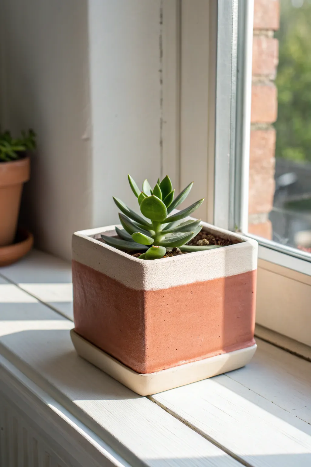 Crisp-corner slab planter with a simple succulent, glowing in soft window light and bold contrast.