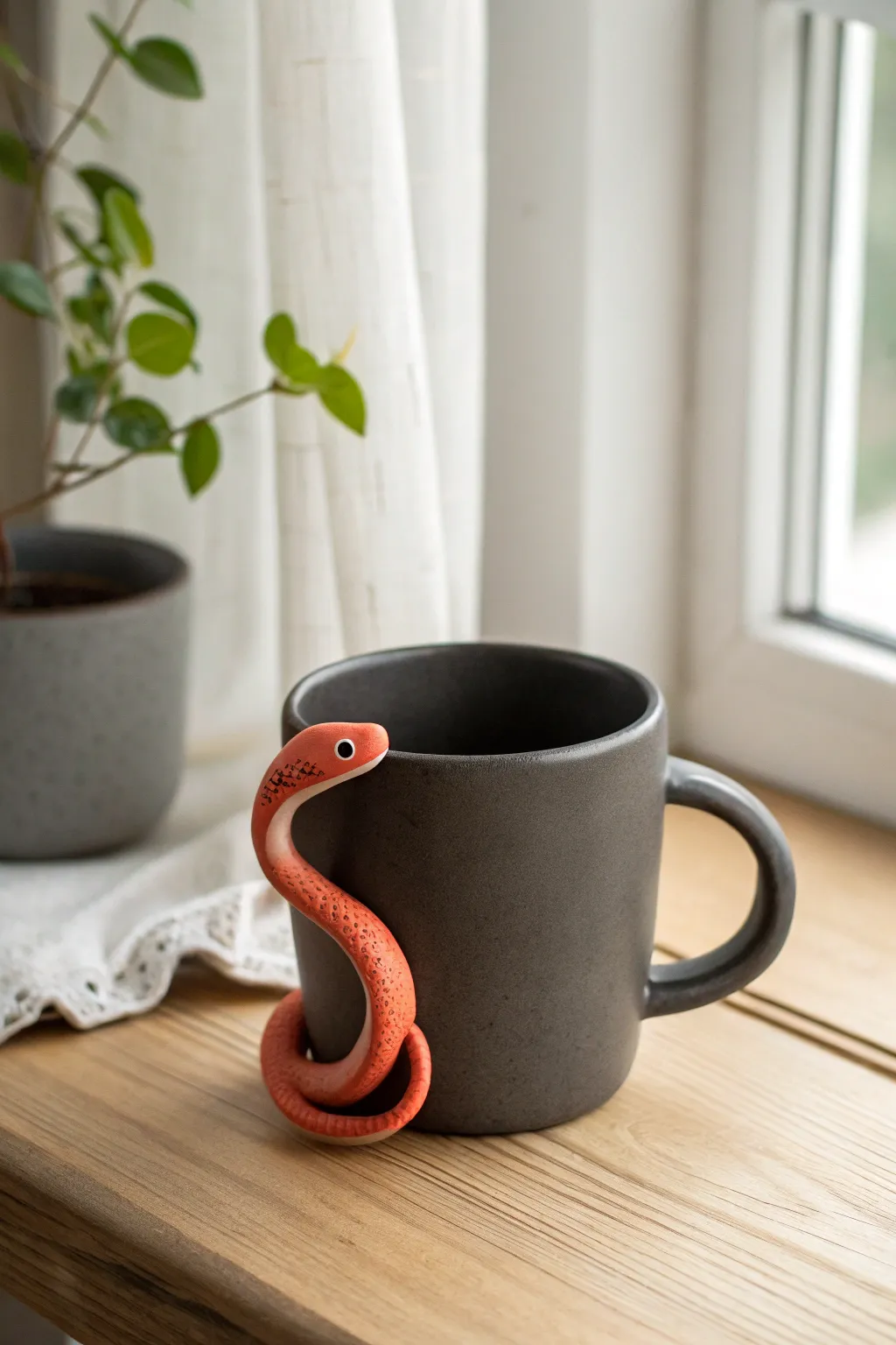 Coral clay snake mug hugger wrapped on a charcoal mug handle, minimalist boho tabletop decor