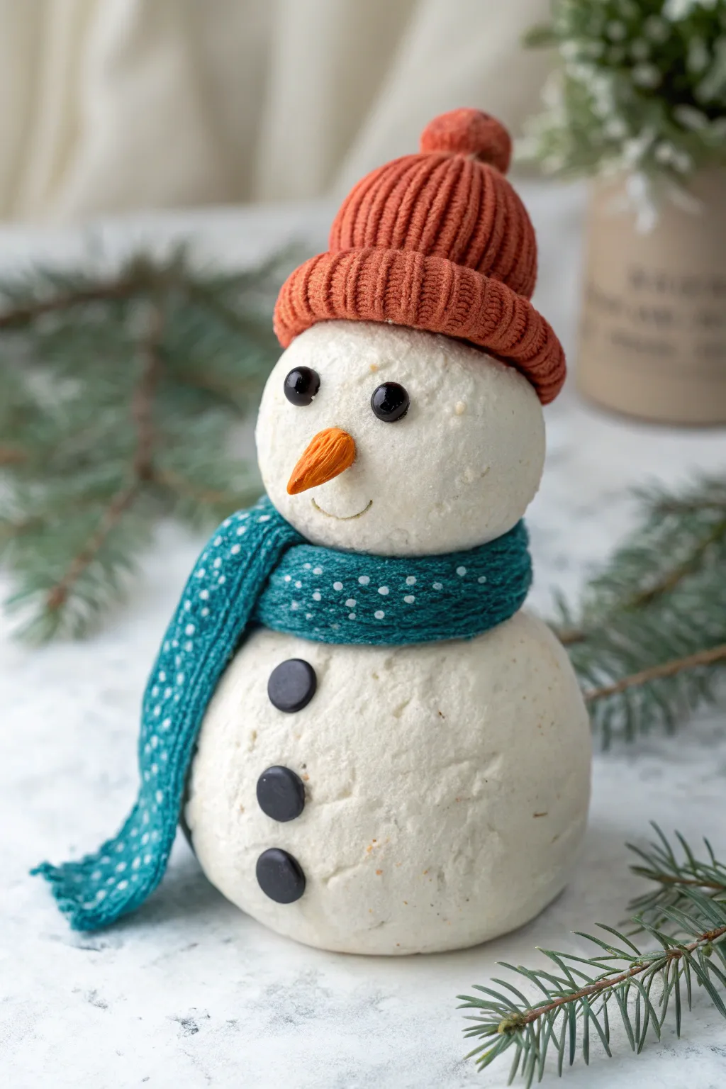 Cozy clay snowman with sweater-knit scarf and hat texture, minimalist winter decor idea.