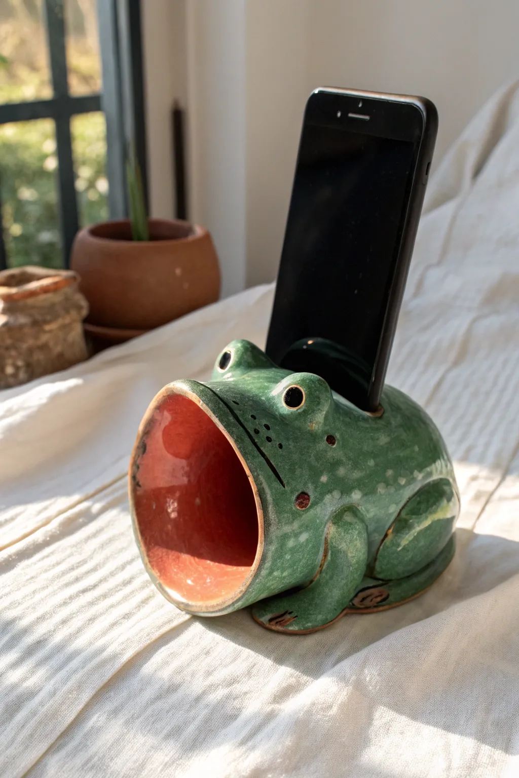 Frog Mouth Speaker Buddy: a playful clay amplifier that boosts sound with minimalist charm.