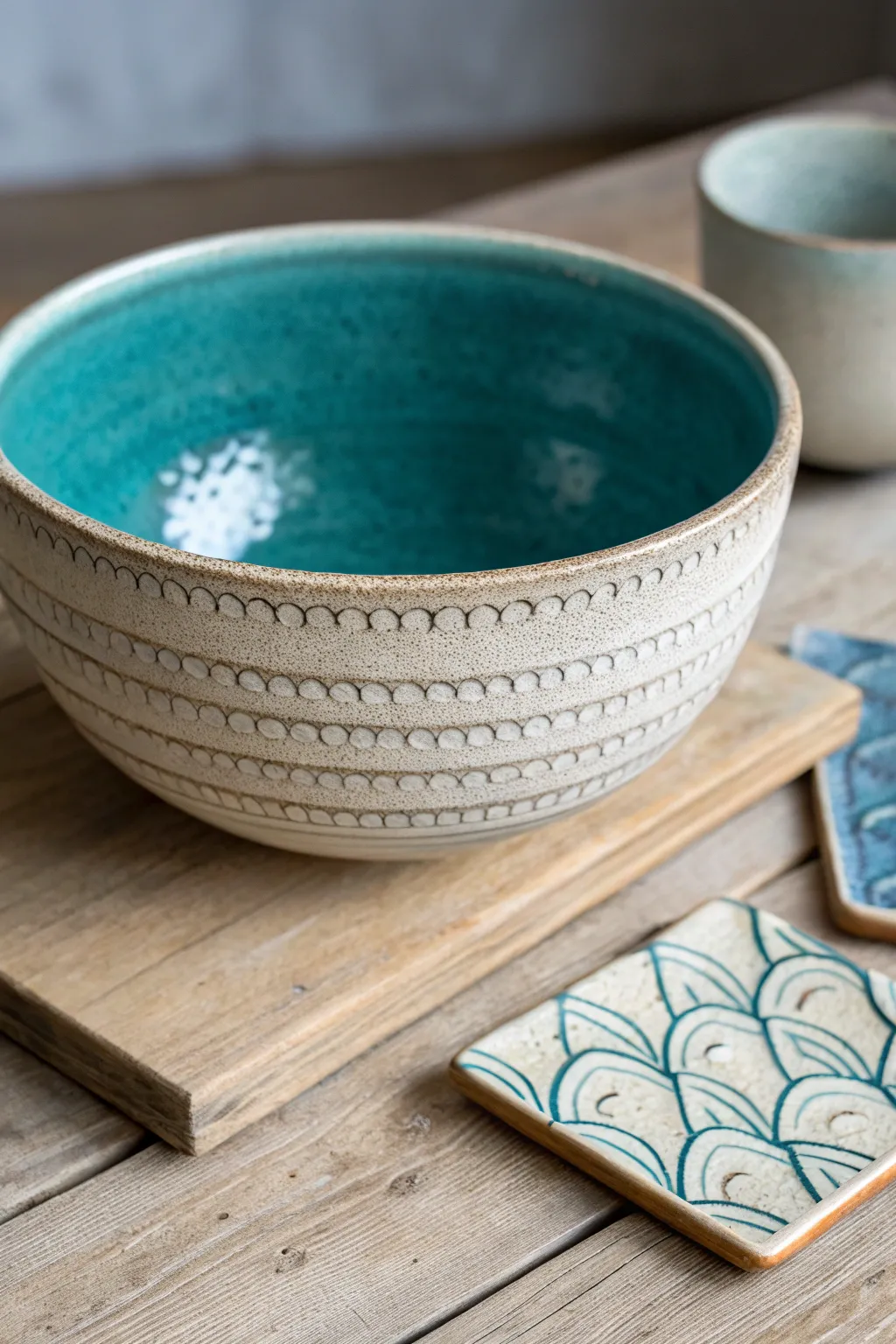Coastal wave stamp band adds flowing texture to a simple bowl, with a tile showing the repeat.