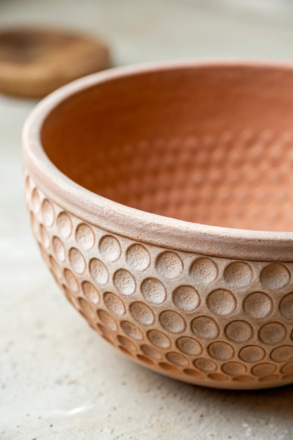 Rhythmic finger-pressed dimples bring calm, tactile texture to a bold yet simple pinch pot bowl.