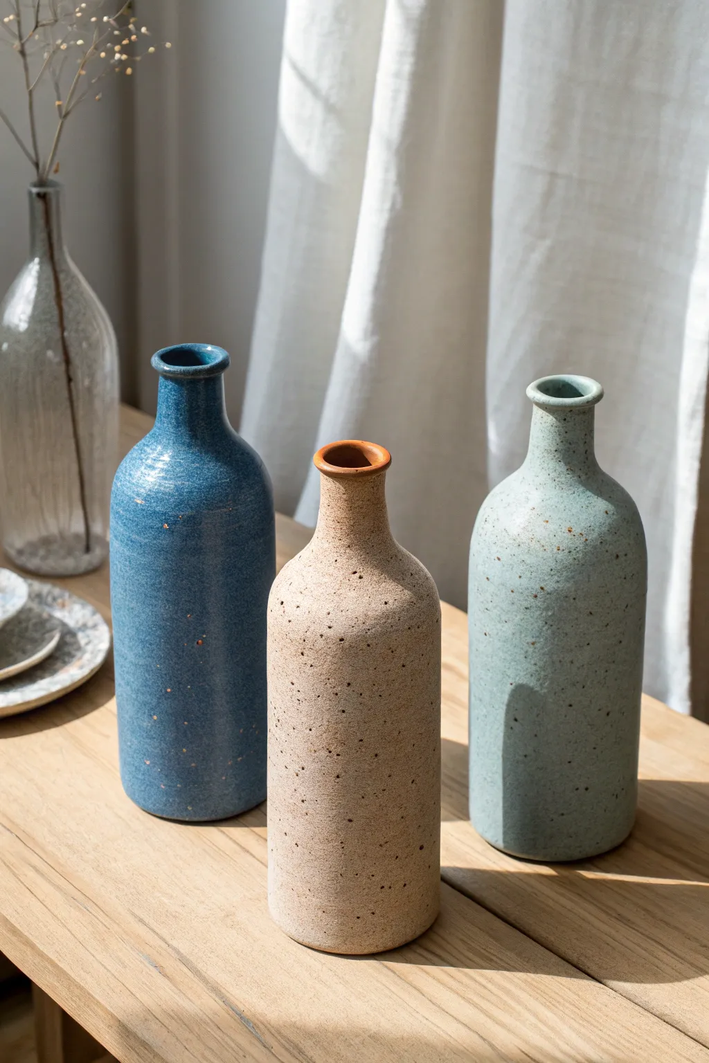 A curated trio of wheel-thrown bottles with tiny openings, bold glazes, and calm Nordic style.