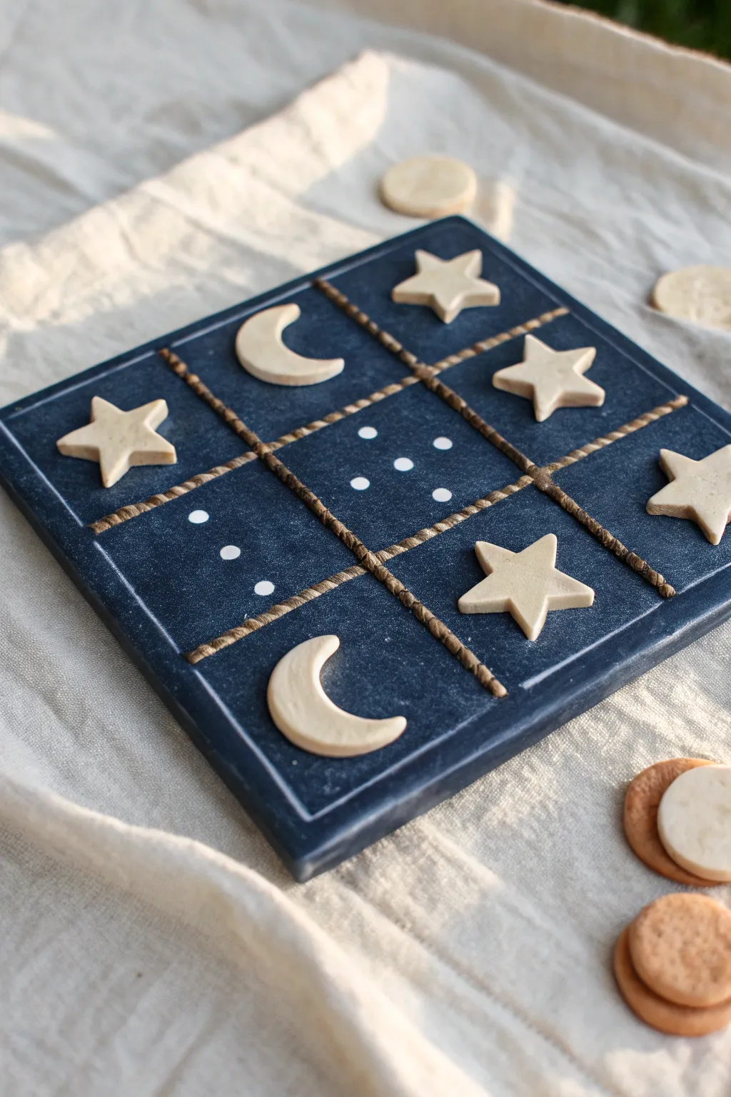 Dreamy moon vs star clay tic tac toe set in deep midnight blue, minimalist boho chic.
