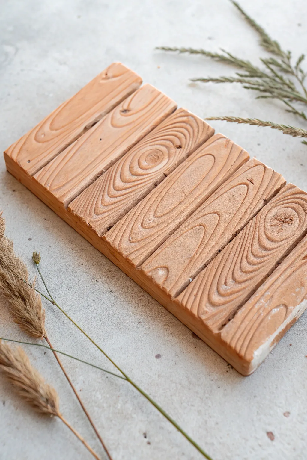Woodgrain clay tile with subtle knots and a bold glaze, minimal styling for modern boho charm.