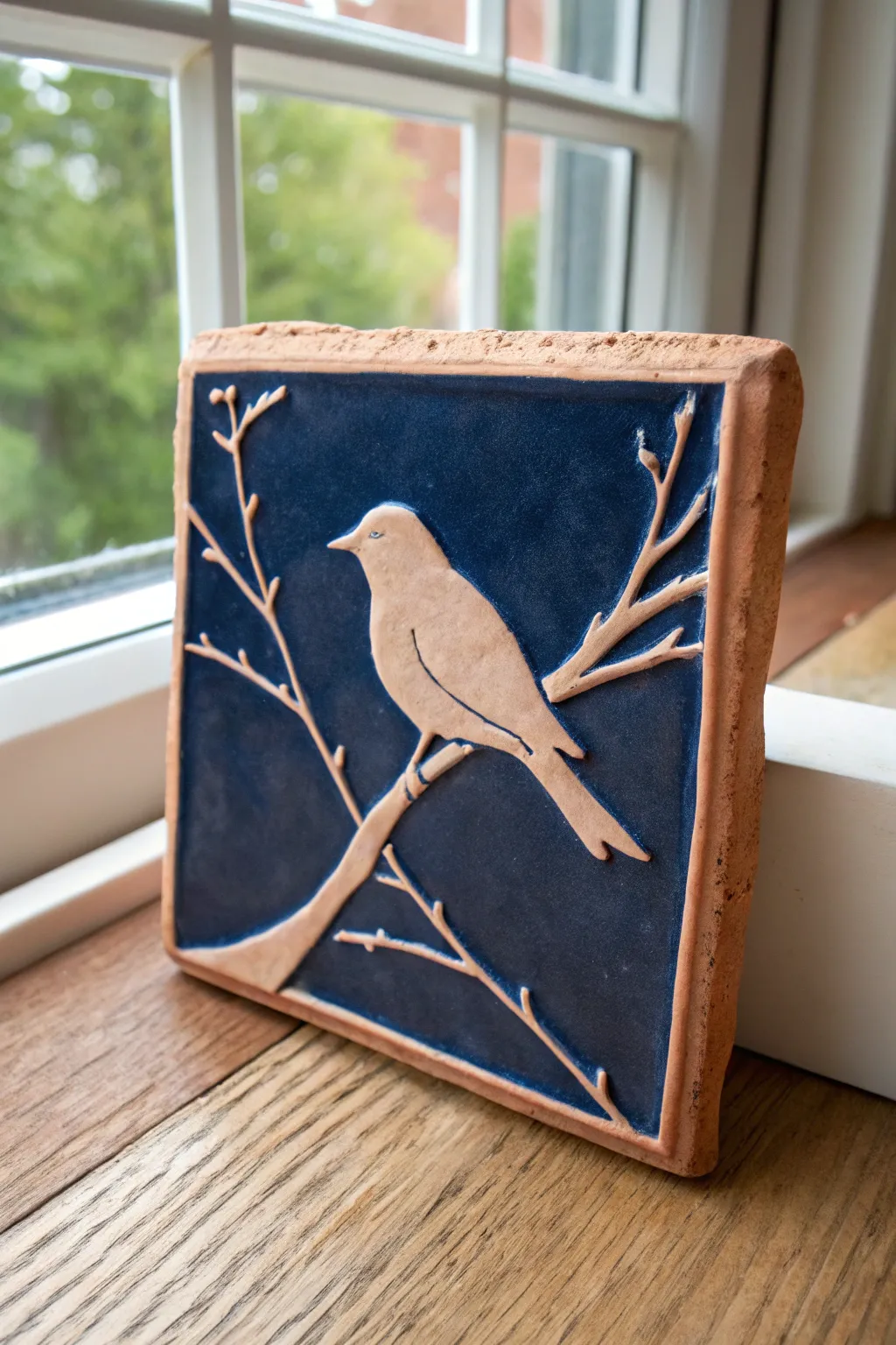 Minimal terracotta tile with raised branch and bird silhouette, high-contrast indigo backdrop