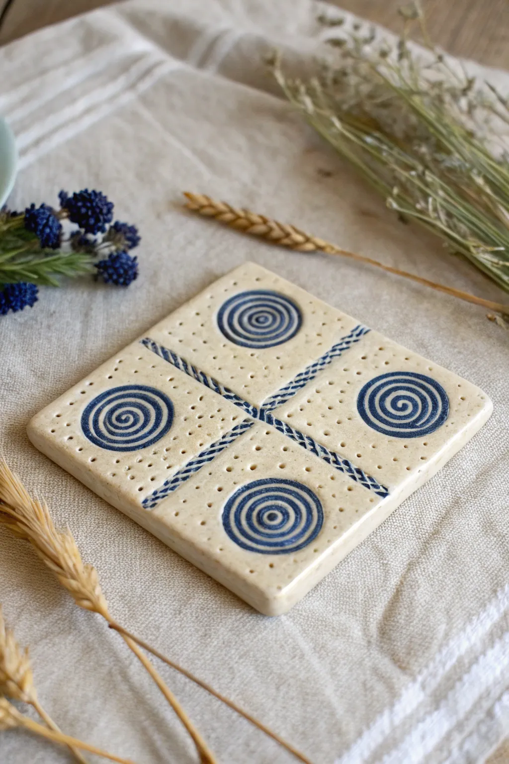 Additive dots and coil lines create a modern rhythm on a bold cobalt and ivory clay tile.