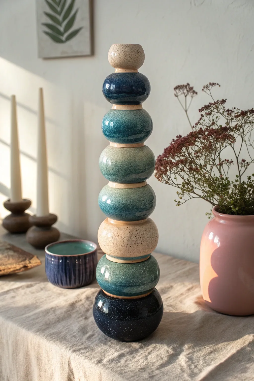 Ombre glaze totem in bold indigo to ivory gradient, minimalist and handcrafted statement.