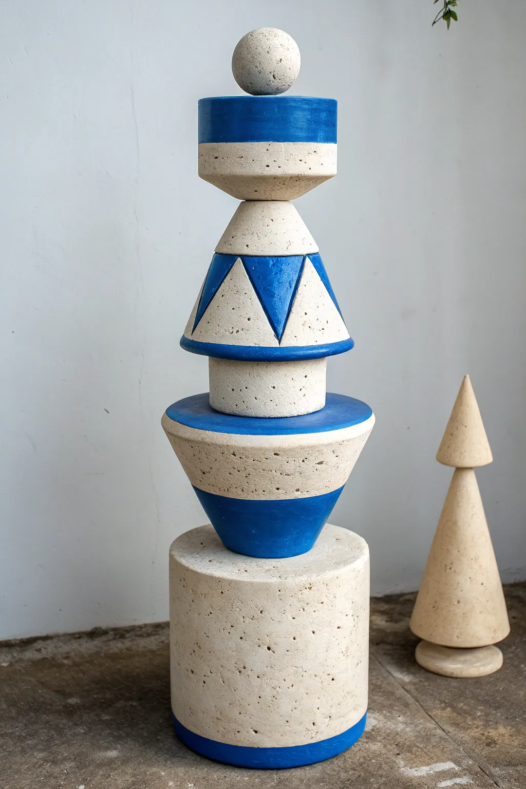 Abstract clay totem with bold geometrics and a single pop of color for modern minimalist decor.