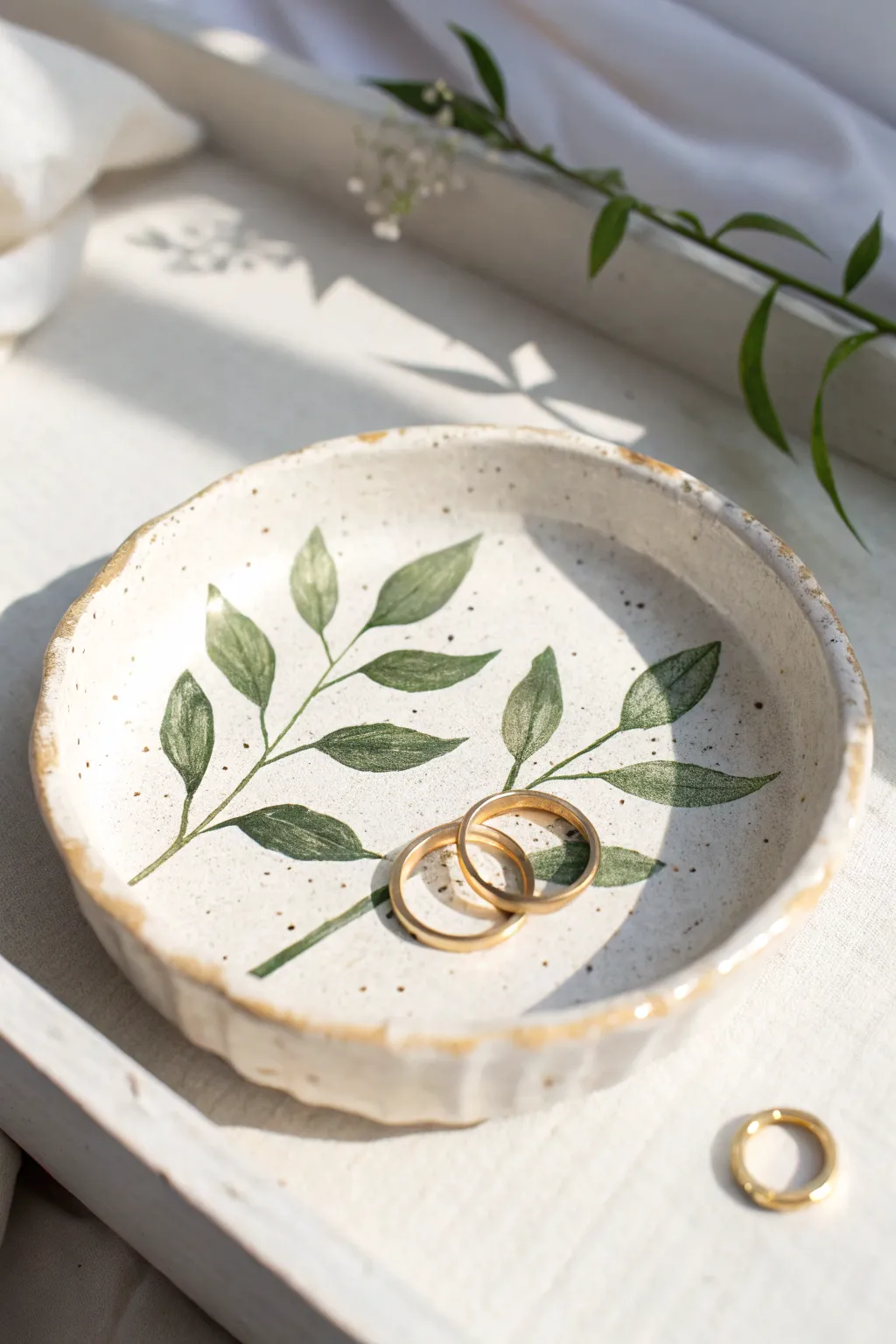 Botanical painted trinket dish with simple green leaves, a clean bright backdrop, and two gold rings.