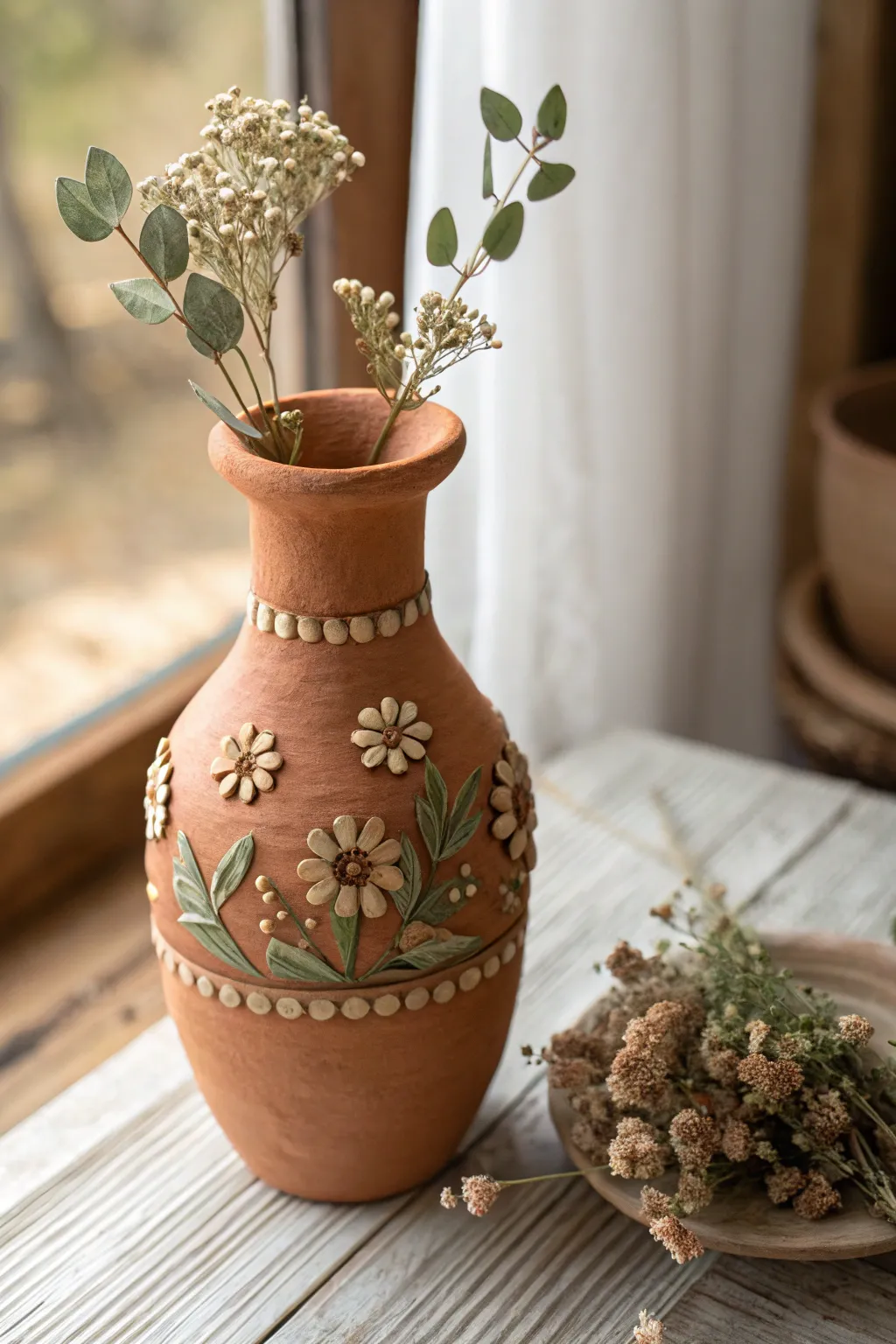 Tiny clay flower garland turns a simple vase into a sweet statement, perfect with dried blooms.