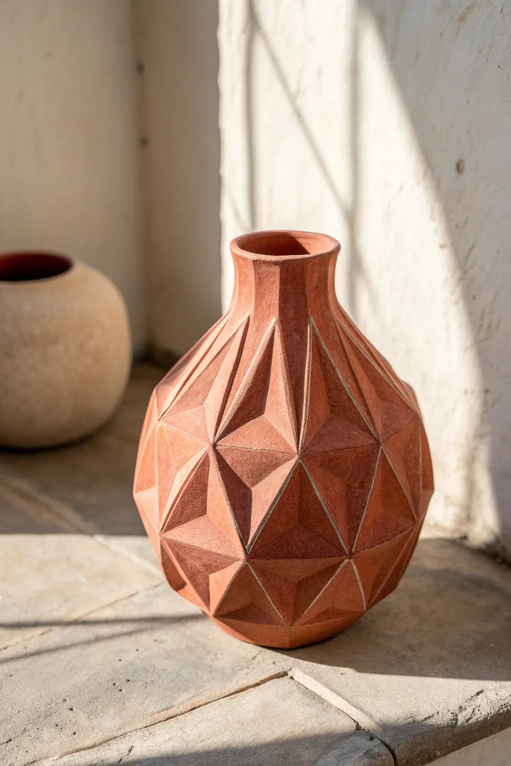 A softly faceted clay vase with angular planes, bold terracotta tone, and striking side-light shadows
