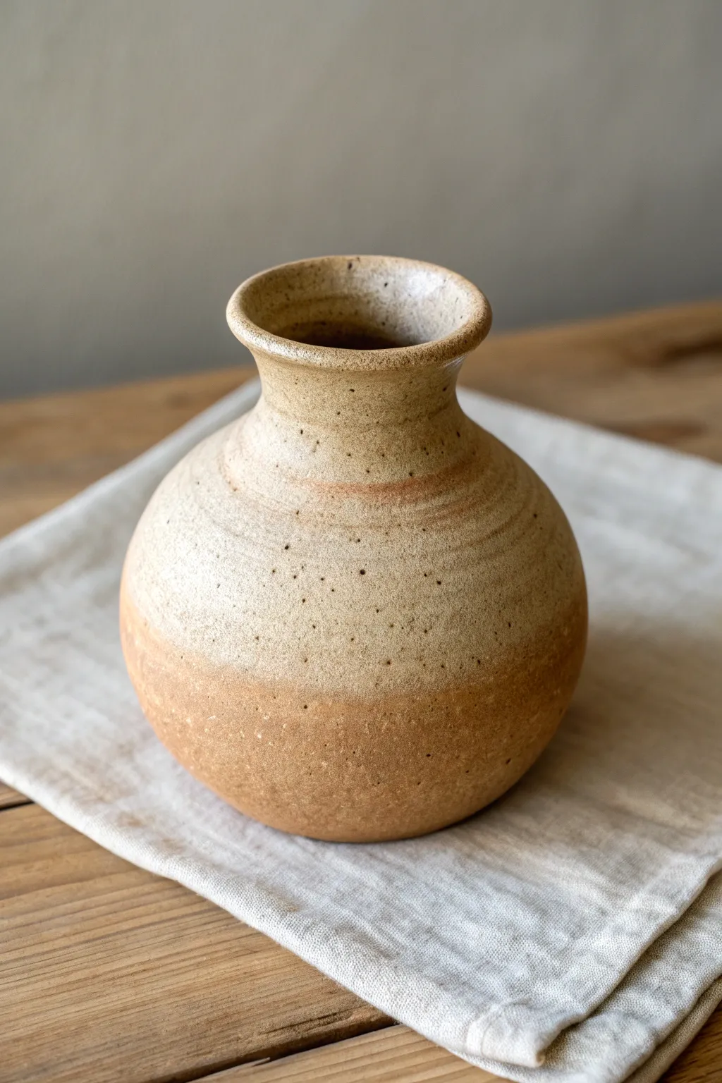 Wabi-sabi clay vase with a softly wonky rim, matte earthy texture, and bold minimalist contrast.