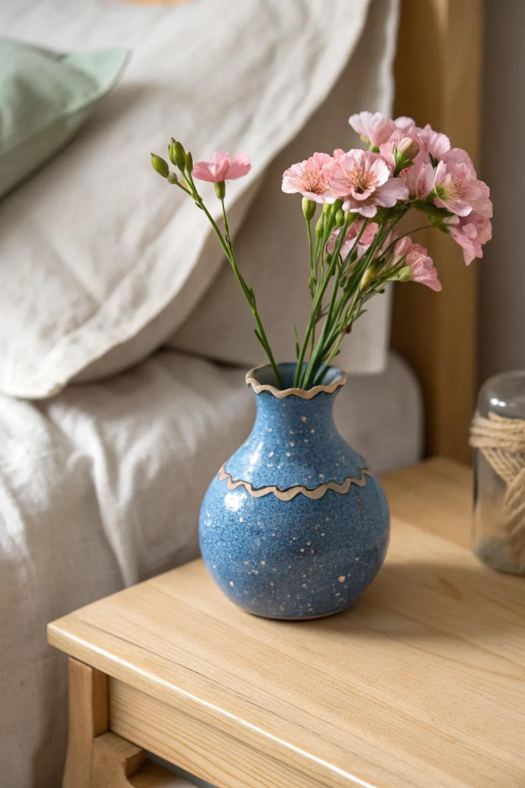 Easy scalloped rim vase with tiny blooms, a minimalist bedside accent with bold color.