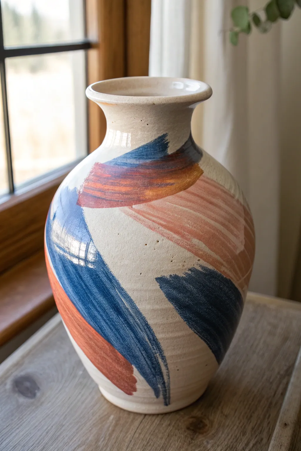 Bold abstract brushstrokes turn a simple clay vase into a modern color field statement.