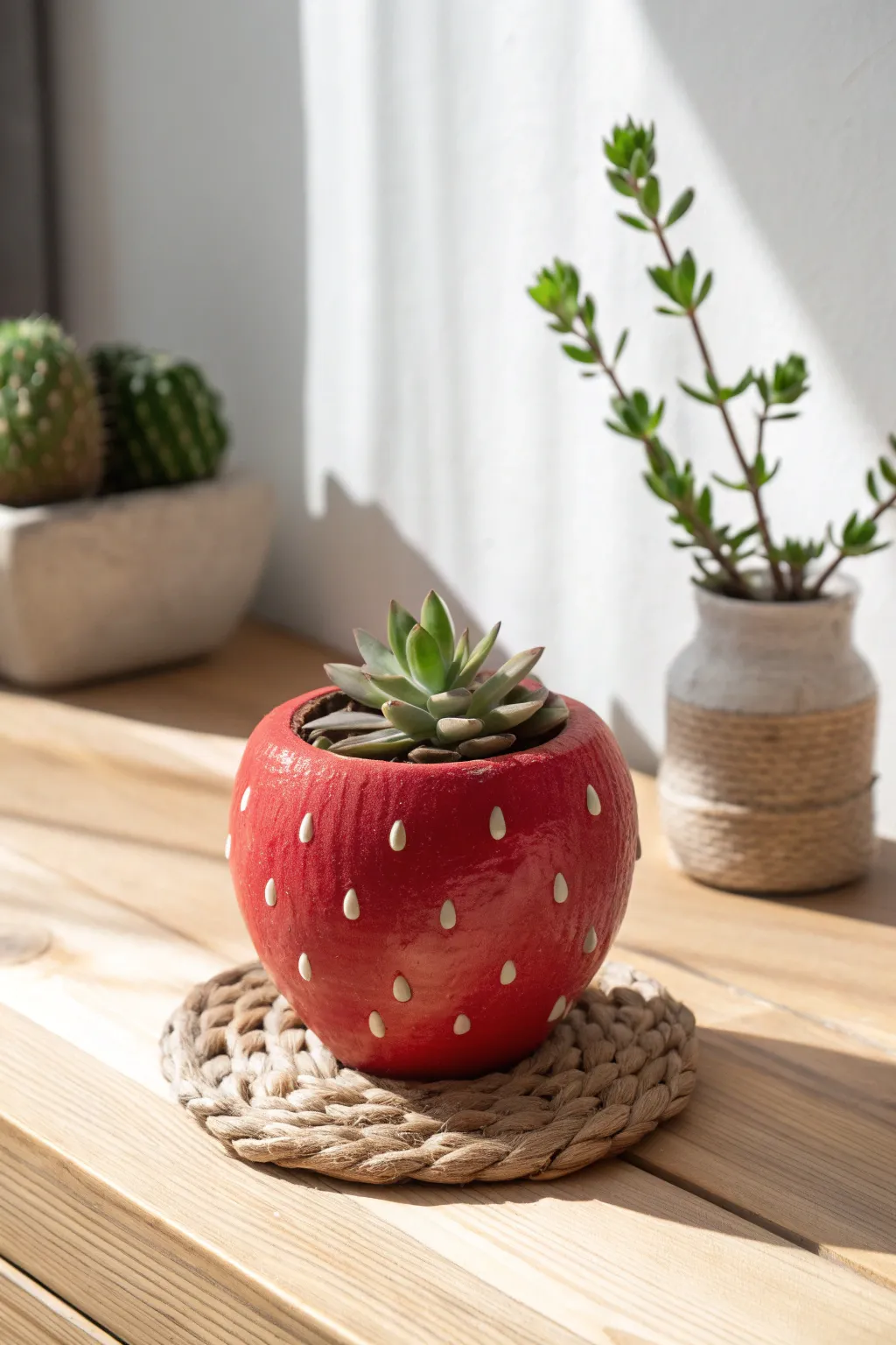 DIY strawberry planter: bold red clay vessel with a tiny succulent for playful boho minimal charm.