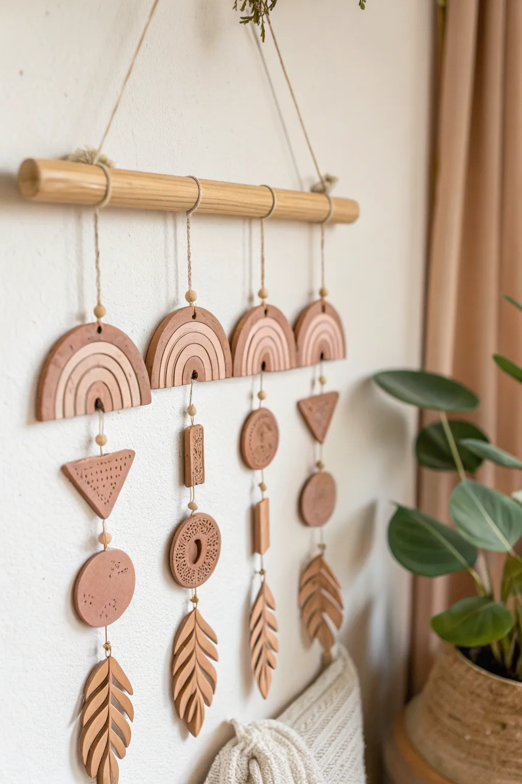 Minimal clay charm wall hanging with earthy arches and leaves, modern boho for serene walls.