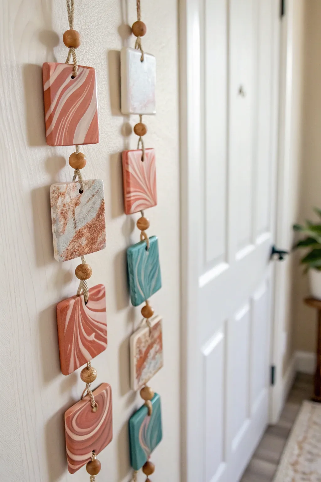 Marbled clay wall hanging with slim rounded tiles, modern garland style, minimalist boho charm
