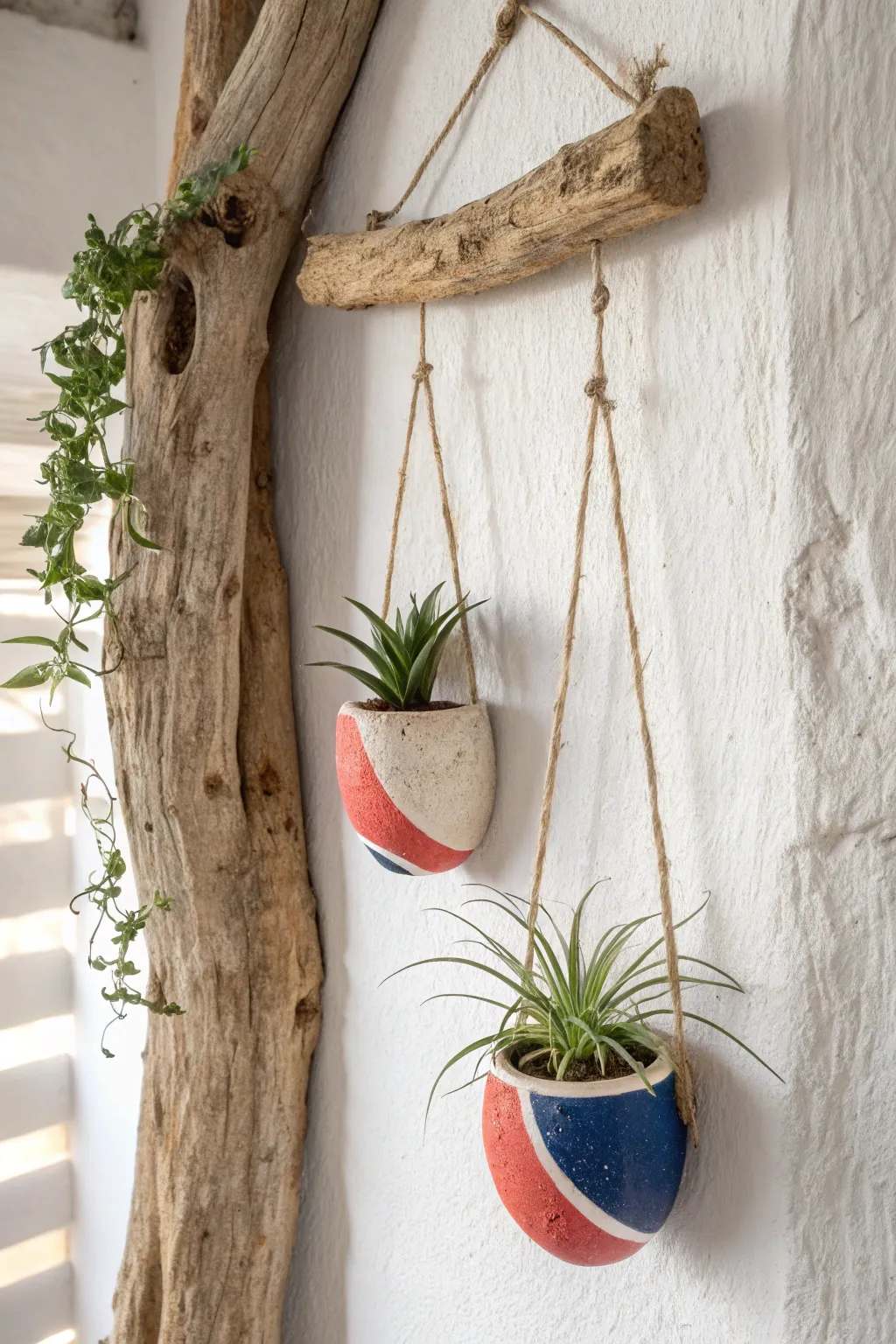 Minimal driftwood bar with hanging clay wall pockets and air plants, bold colors on a clean wall.