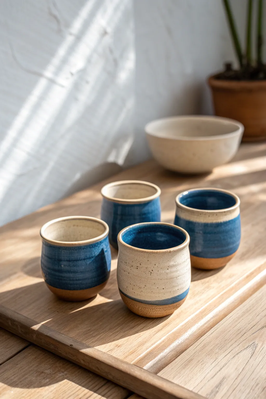 Throwing off the hump minis: a matching set of tiny cups and bud vases, simple and bold.