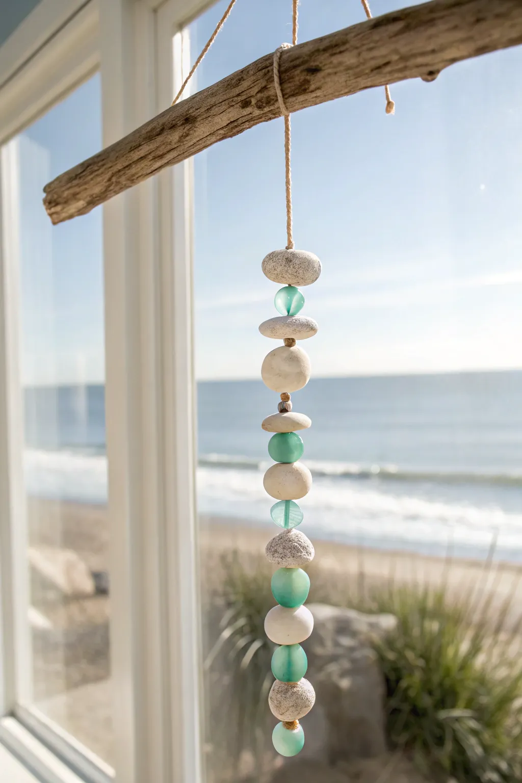 Coastal clay wind chime with frosted sea glass and driftwood, airy minimal boho vibes