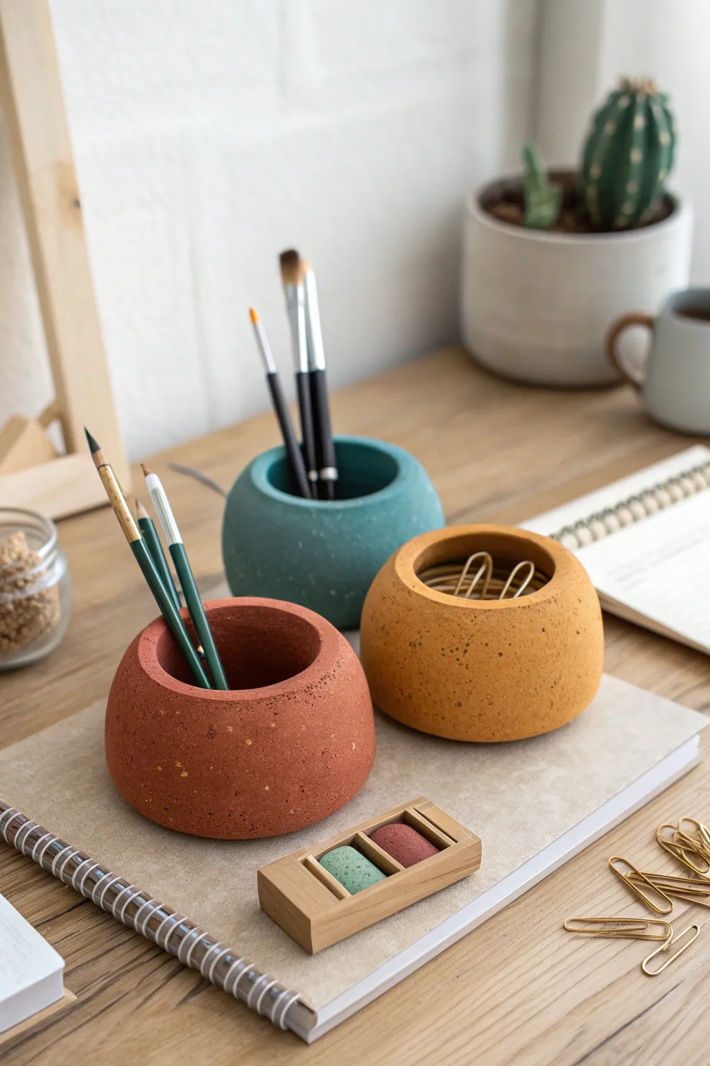 Three rounded clay organizer pods in bold glaze, turning desk clutter into calm order.
