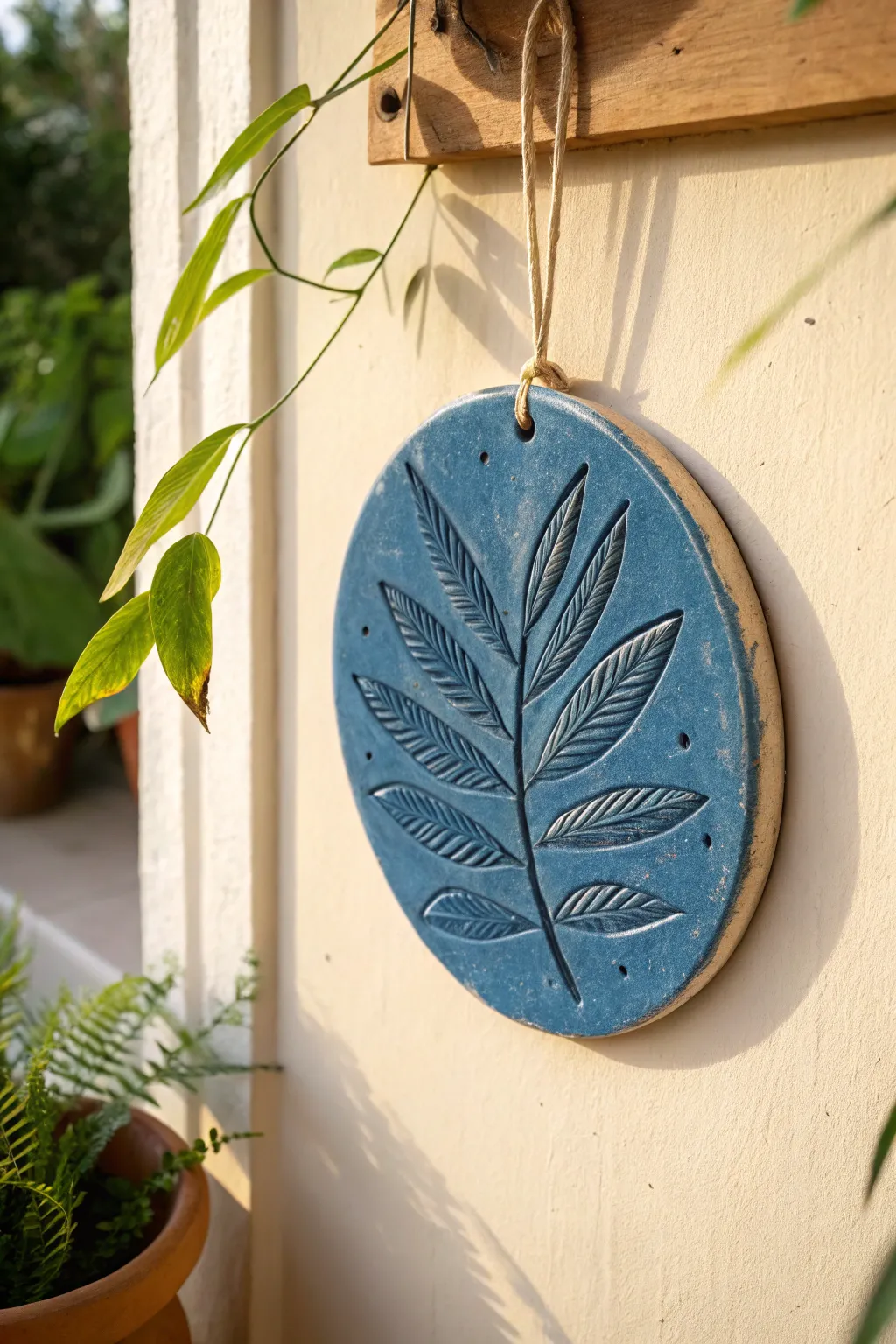 Bold cobalt clay relief medallion with a simple botanical motif, perfect for easy wall decor