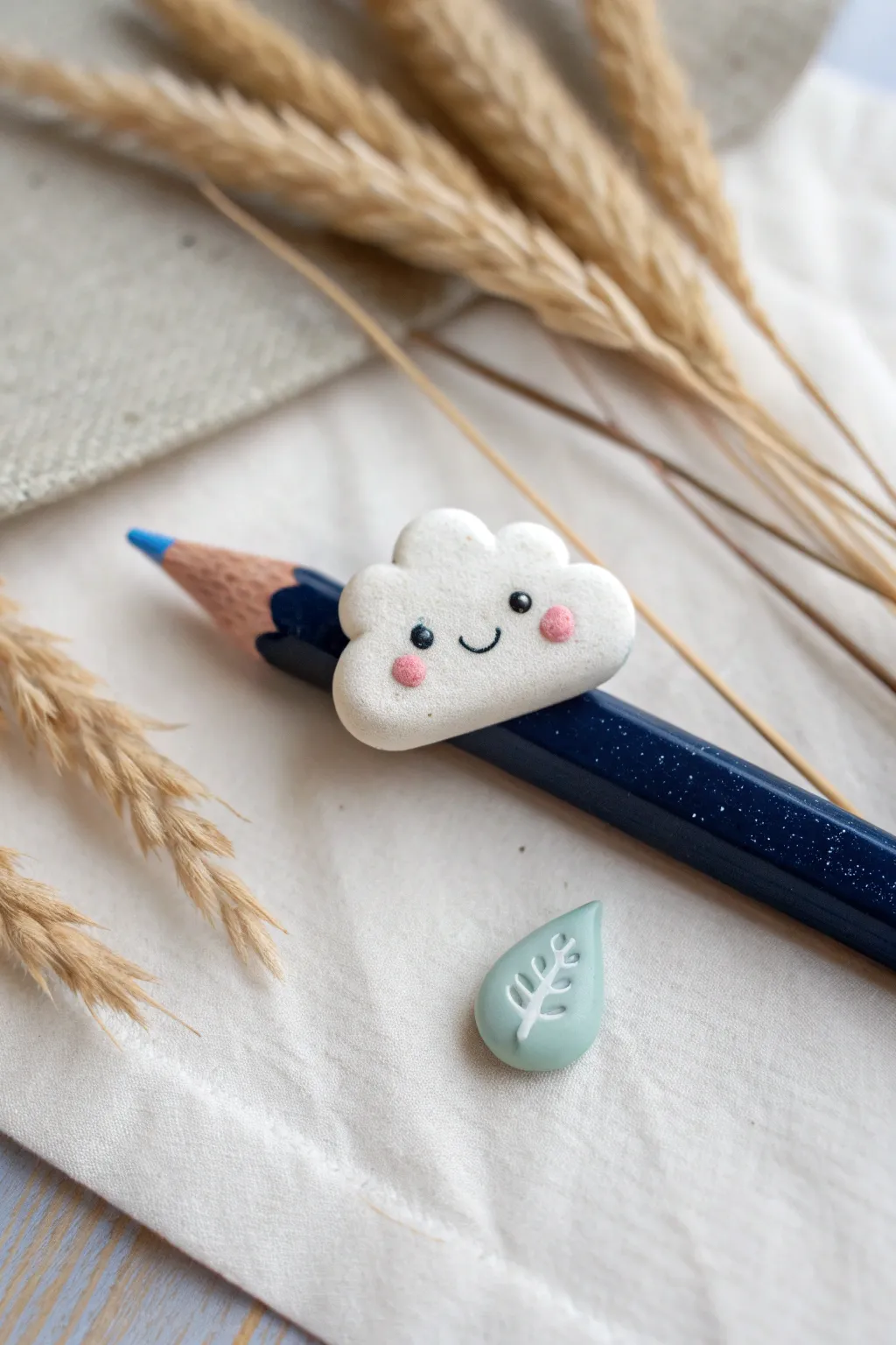 Sweet cloud pencil topper buddies in pastel clay, minimal Scandinavian styling with boho warmth.