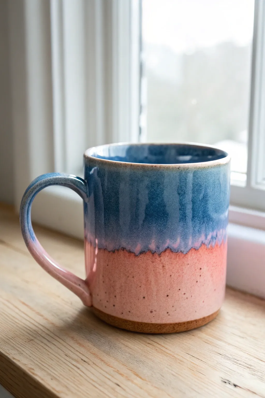 Dreamy watercolor mug in soft window light, minimalist and boho, bold blush and blue glow.
