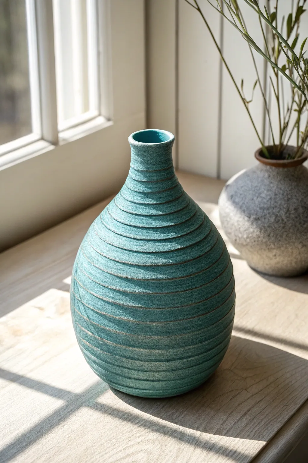 Faceted coil vase in bold teal, soft pressed planes and handmade texture in calm Nordic light.