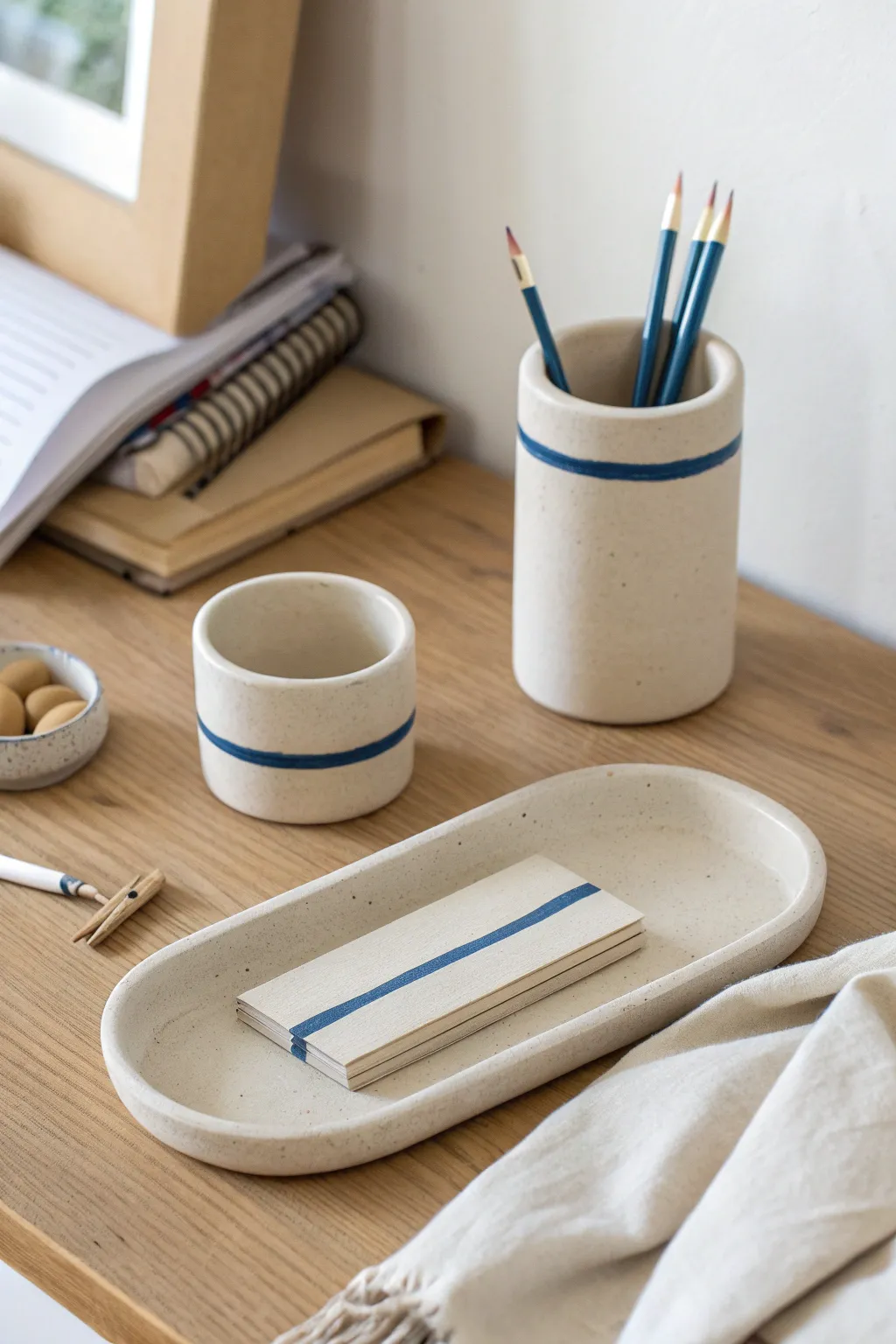 Scandi boho air dry clay desk organizer trio with bold cobalt accent, tidy and craft-friendly