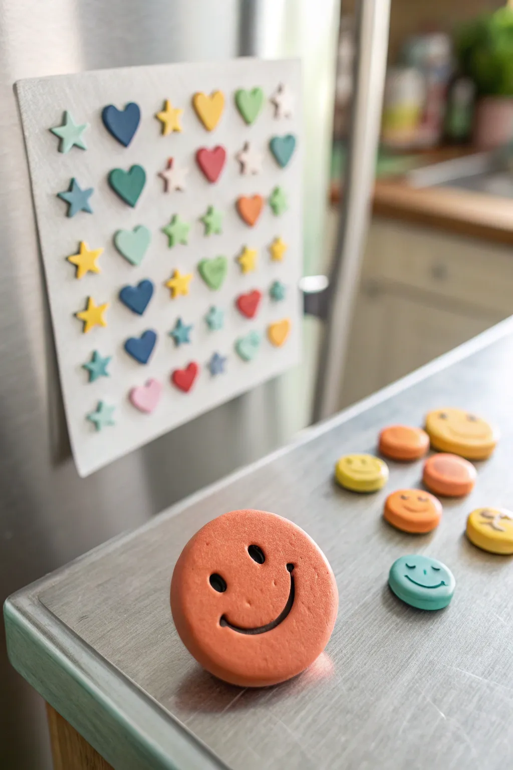 Bright happy-face clay magnets in bold colors, a simple DIY set with Scandinavian boho charm.